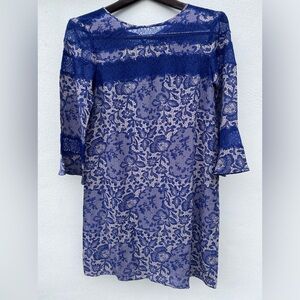 NEW - REBECCA TAYLOR 100% Silk Mini Shift Dress Lace Detail Blue - Size 2
